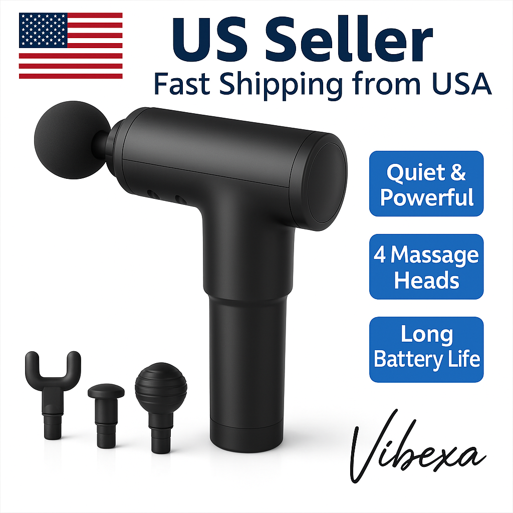 Black massage gun with four attachments on a white background, featuring Vibexa branding and US seller text.